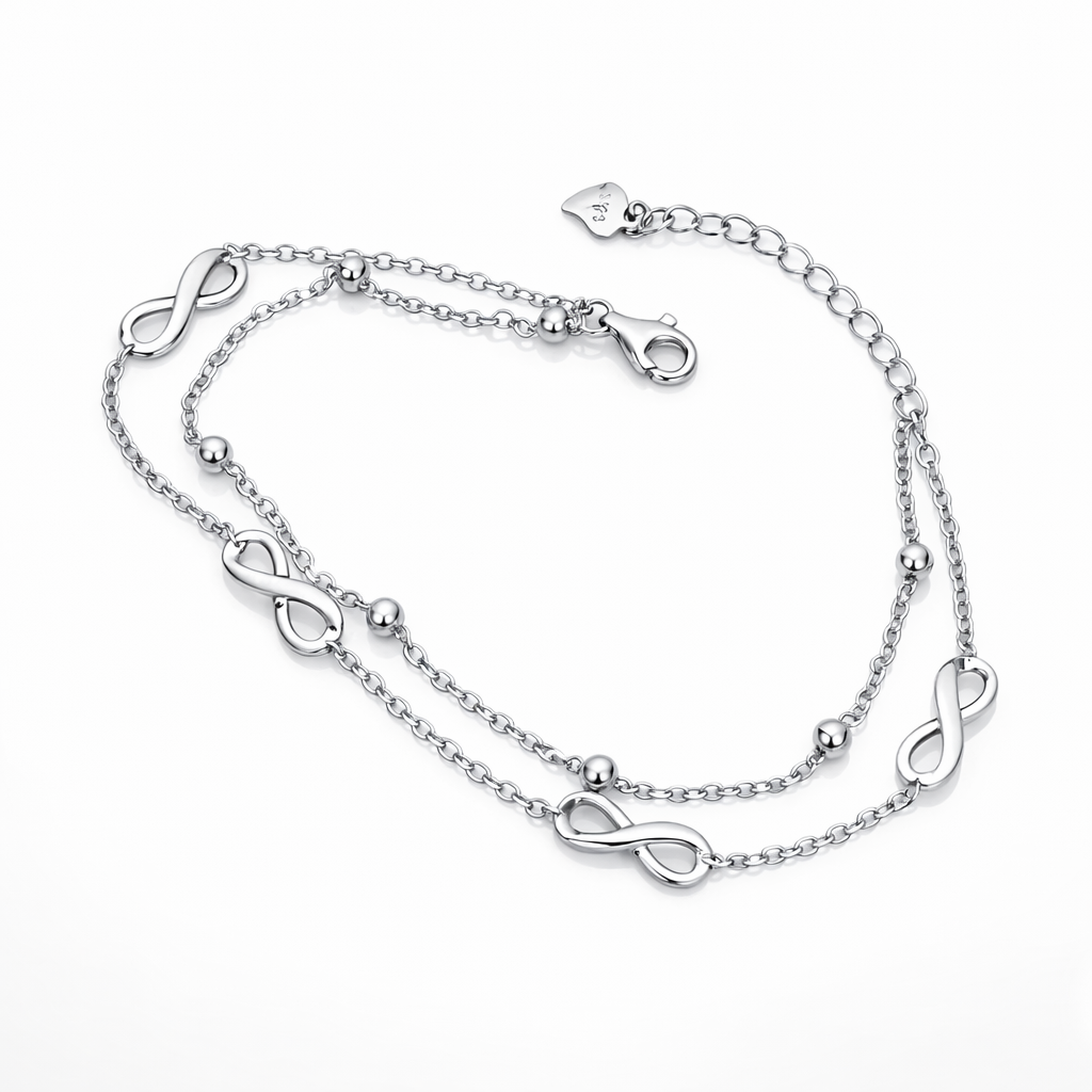 Brățară Damă Argint 925 Rodiat cu Simbol Infinit, Dublu Lanț, Lungime Ajustabilă 18+3 cm – Eleganță Modernă. BD429