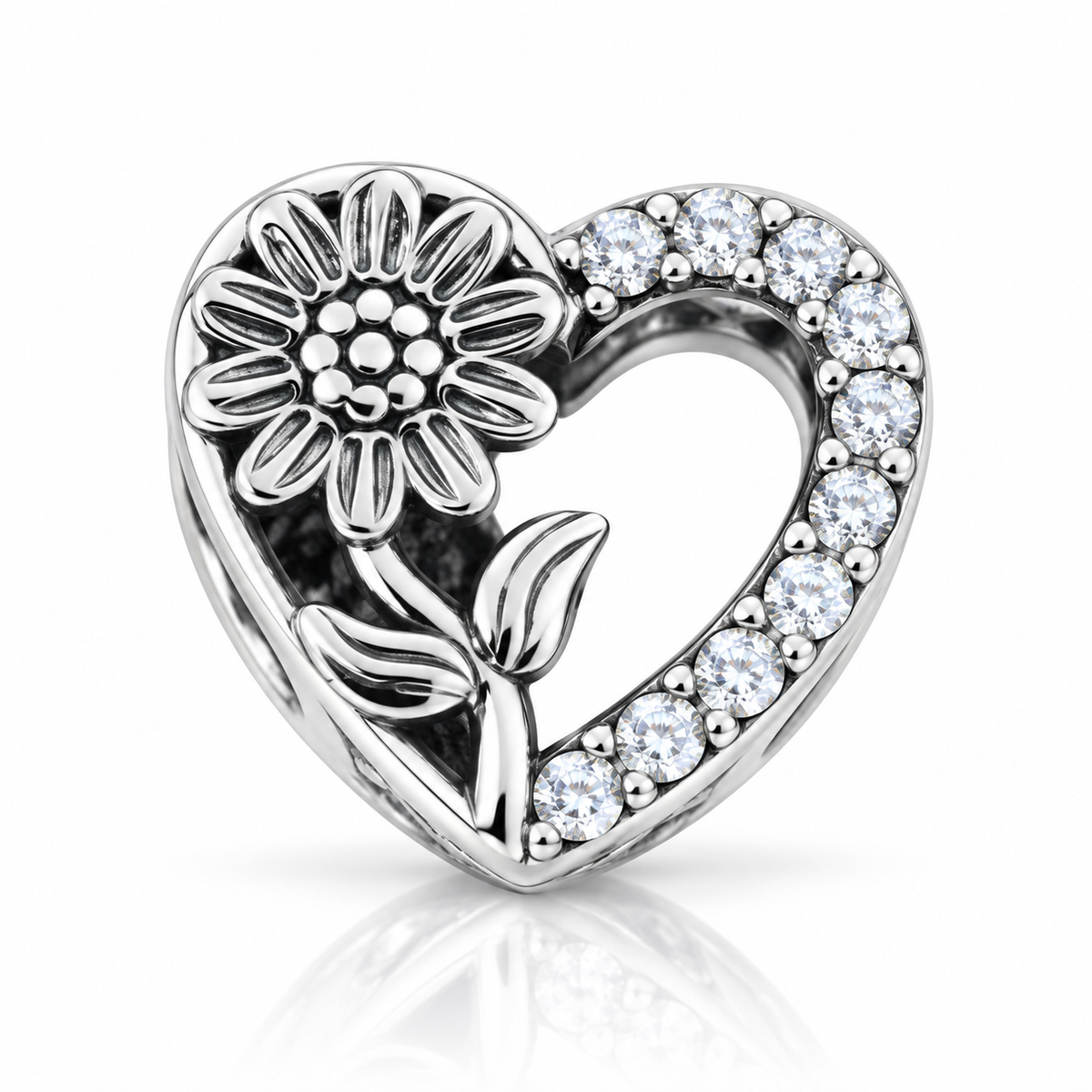 Charm „Inimă de Soare” din argint 925, cu floarea-soarelui și pietre strălucitoare, compatibil Pandora. T243