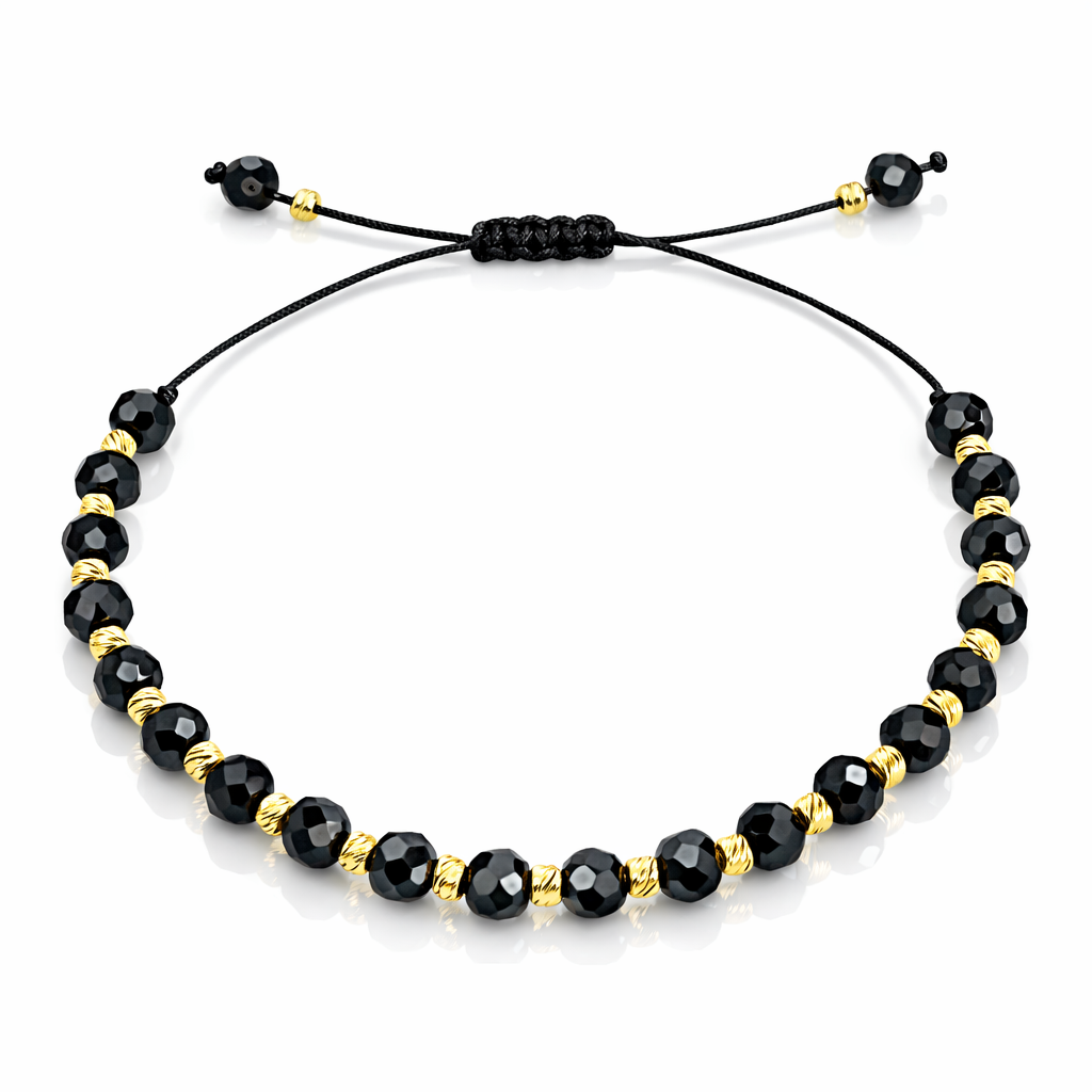 Brățară Unisex Handmade din Argint 925 Placat cu Aur, Biluțe Negre Fațetate, Lungime Ajustabilă. BS1