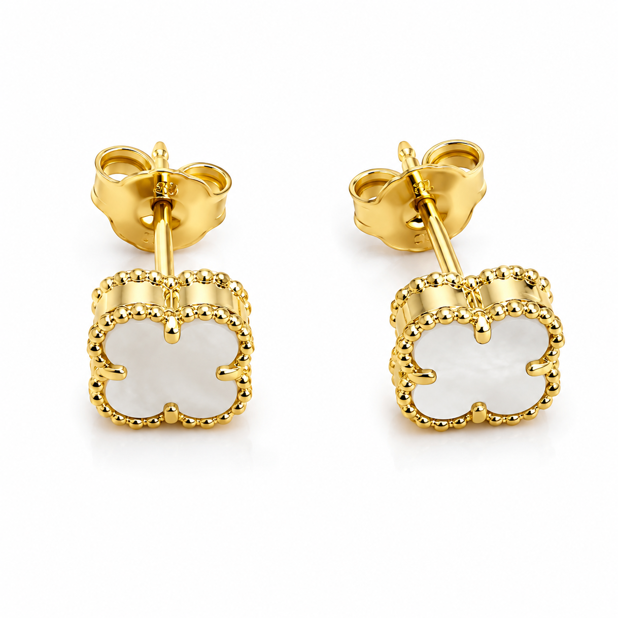 Cercei Trifoi din Argint 925 Placat cu Aur 14K și Sidef Alb, Model Elegant Tip Van Cleef, 6 mm. CD388