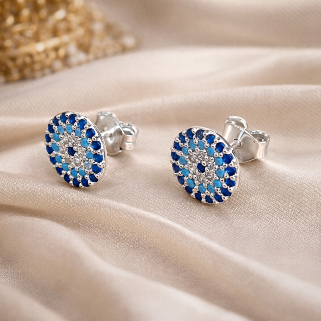 Cercei Argint 925 „Ochi Protector” cu Zirconii Albastre – 10 mm, Design Elegant, Prindere Șurub. CD213