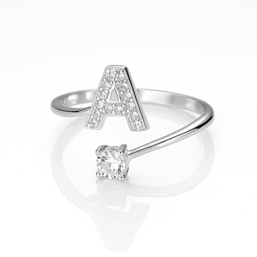 Inel reglabil din argint cu inițială – bijuterie elegantă personalizată din argint 925, mărime universală, cutie cadou inclusă. ID10