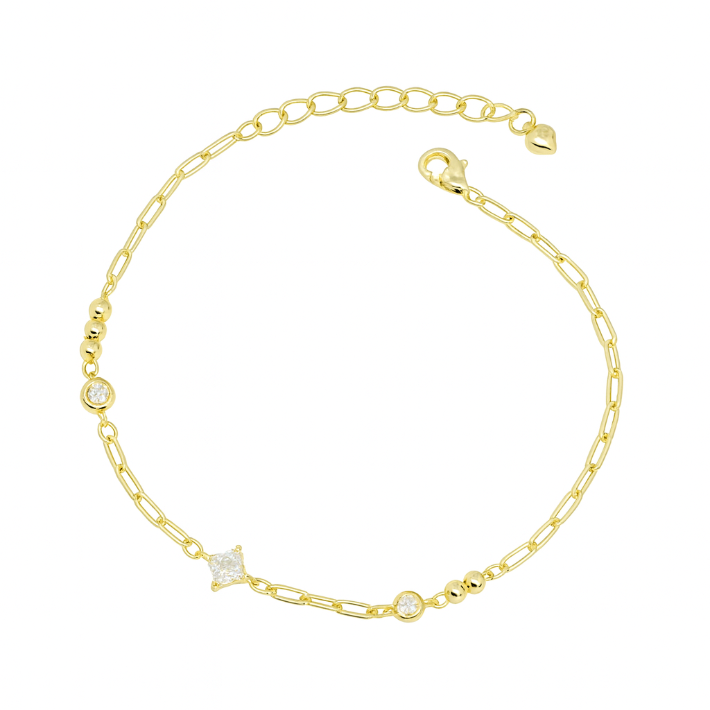 Brățară elegantă din argint 925 placat cu aur de 14K, cu zirconii strălucitori, lungime ajustabilă 17+3 cm, prezentată pe fundal alb