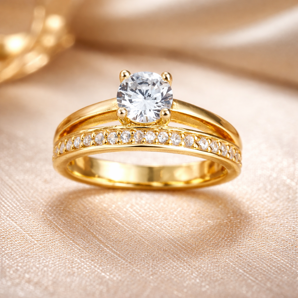 Inel elegant din Argint 925 placat cu aur 14K, cu zirconiu strălucitor – model tip logodnă, design premium, cadou ideal. ID291