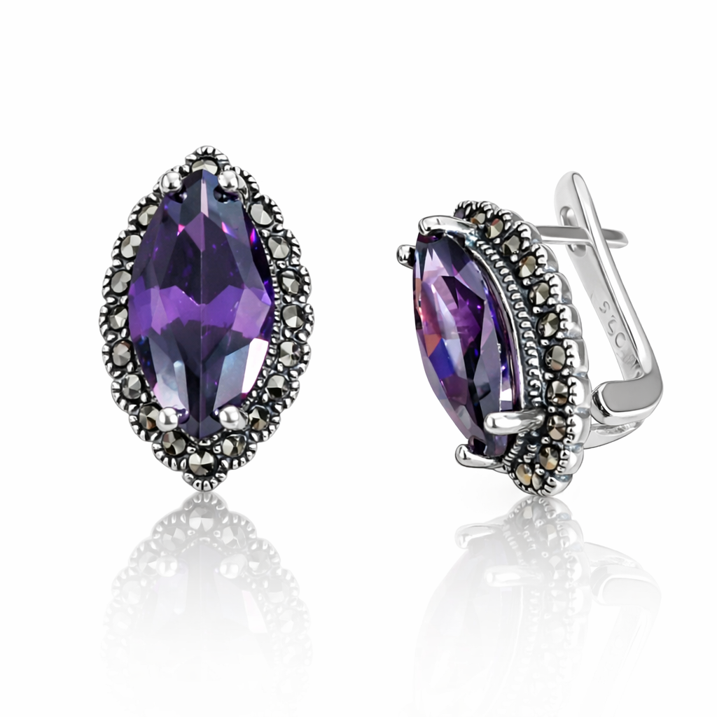 Cercei din Argint 925 „Ametis Nocturne” – Ametist Natural și Marcasite, Design Elegant Vintage. CD572