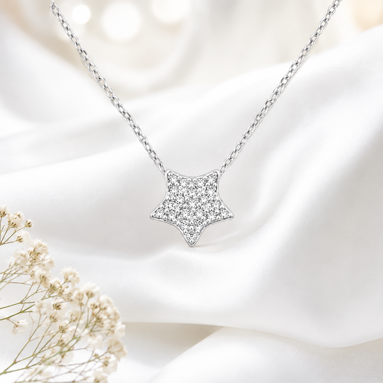 Colier Stea din Argint 925 cu Zirconii – Lant Reglabil 41+5 cm, Pandantiv 10 mm, Elegant si Stralucitor – Infinity Bijoux. C232