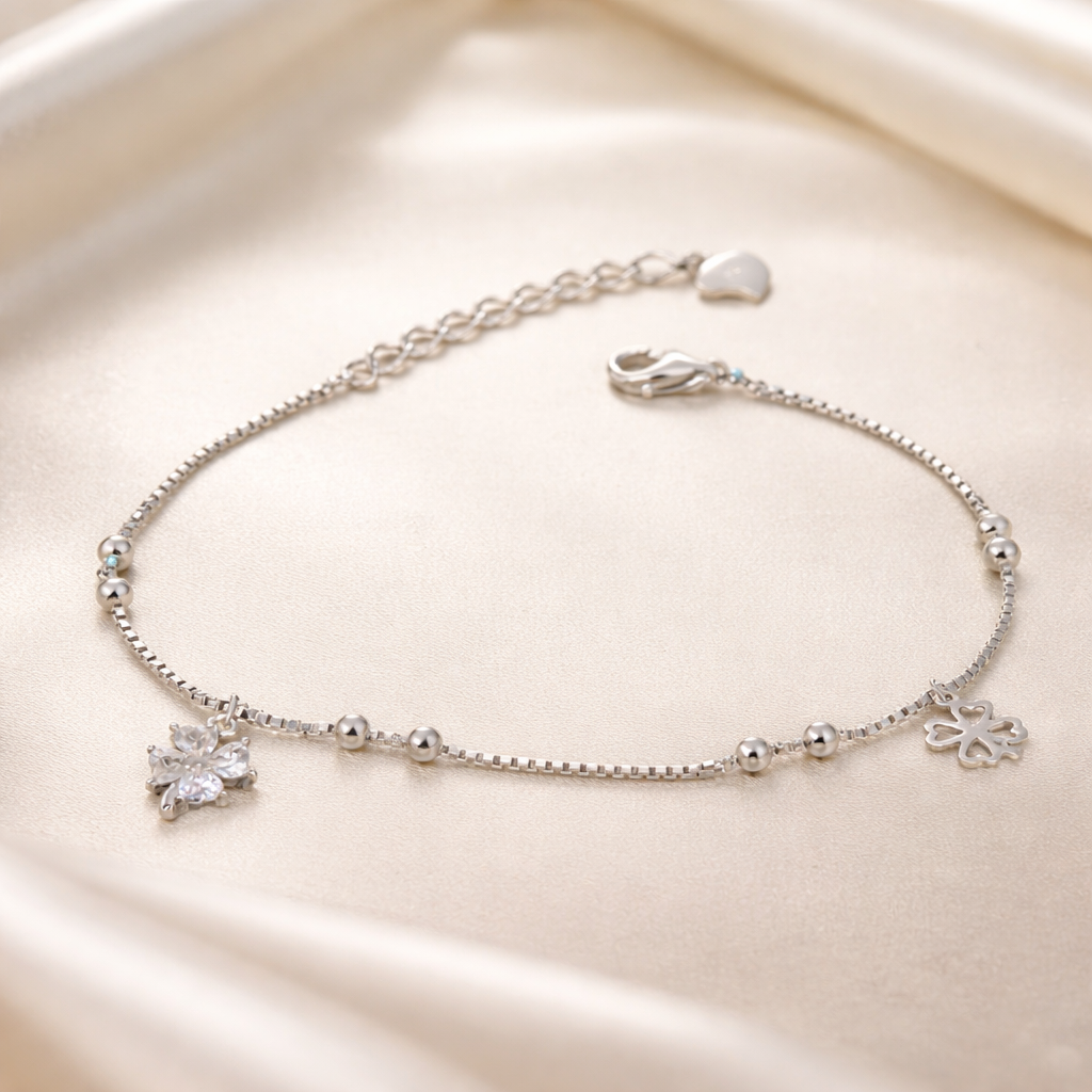 Brățară Argint 925 Rodiat „Lucky Blossom” – Trifoi & Floare cu Zirconii, Ajustabilă 17+3 cm. BD390
