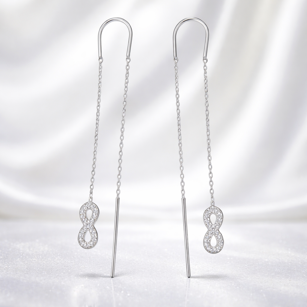Cercei Lungi Tip Threader din Argint 925 cu Simbol Infinit și Zirconii – Eleganță Minimalistă Premium, 7.5 cm, Infinity Earrings Romania. CD567