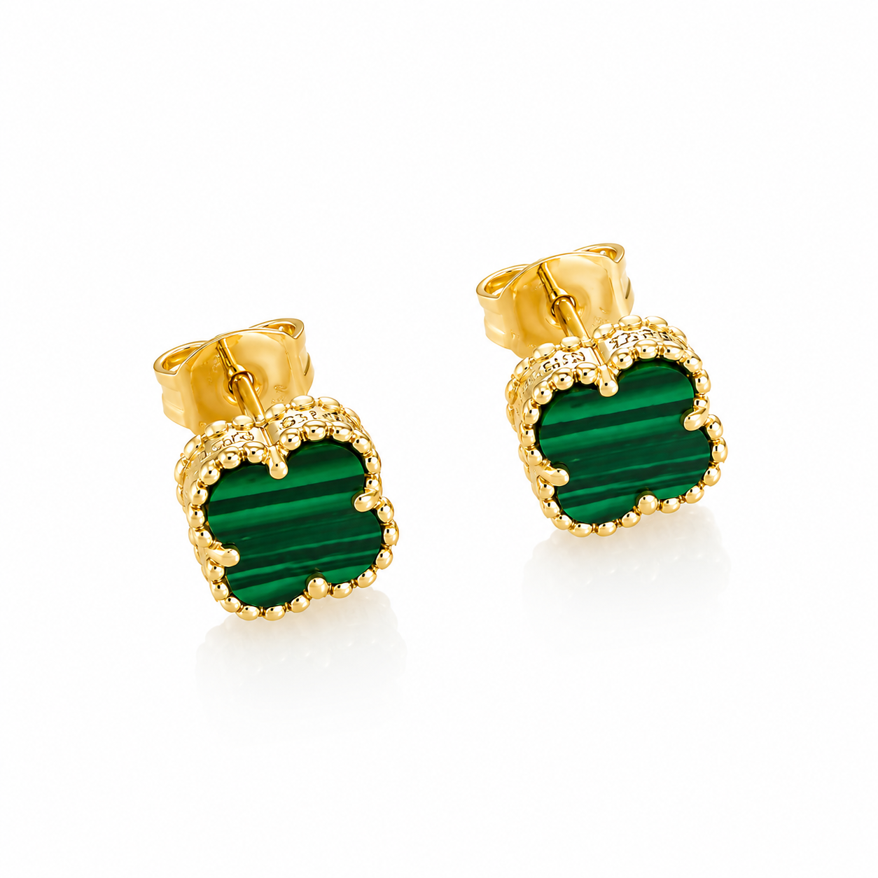 Cercei Delicate Clover din Argint 925 Placat cu Aur 14K și Malachit Verde Natural, Model Tip Van Cleef, 6 mm. C425