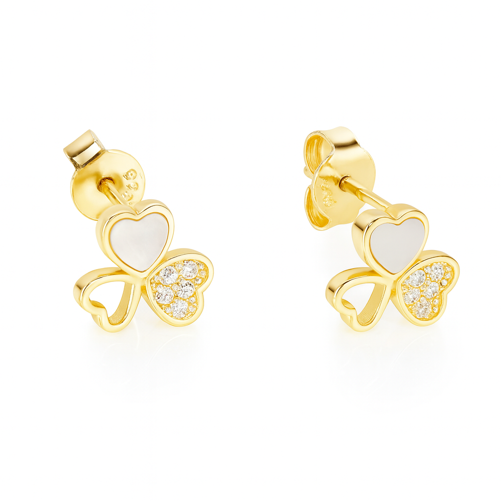 Cercei Trifoi din Argint 925 Placat cu Aur 14K și Sidef Alb – Simbol al Norocului și Eleganței | Infinity Bijoux. CD484