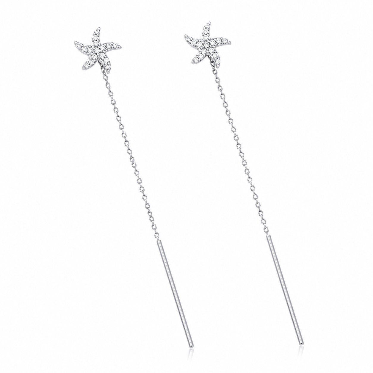 Cercei din Argint 925 Rodiat „Marina Stellare” – Cercei Lungi cu Steluță de Mare și Zirconii, 7 cm. CD618