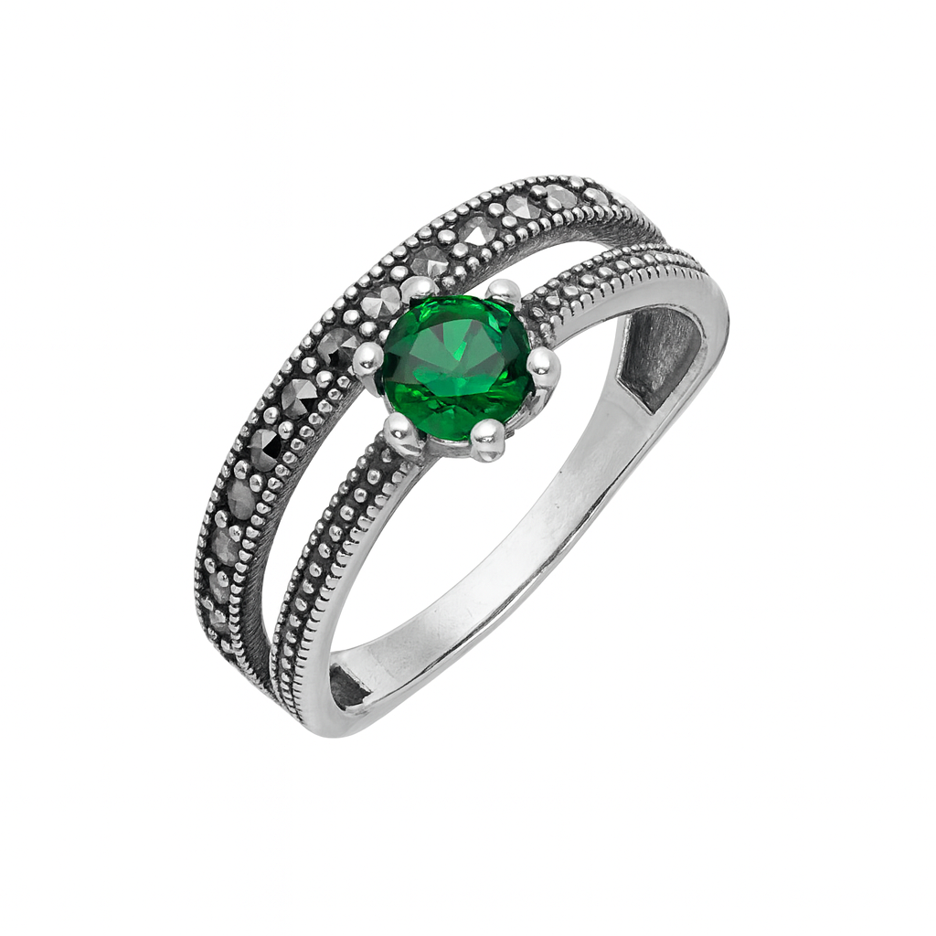 Inel din Argint 925 cu Marcasite și Piatra Verde, Design Elegant Vintage, 2.46g, Mărimea 15