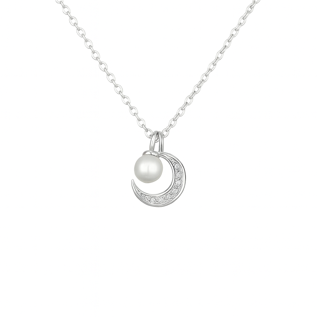 Colier din Argint 925 Rodiat cu Lună și Perlă Naturală, Eleganță Celestă