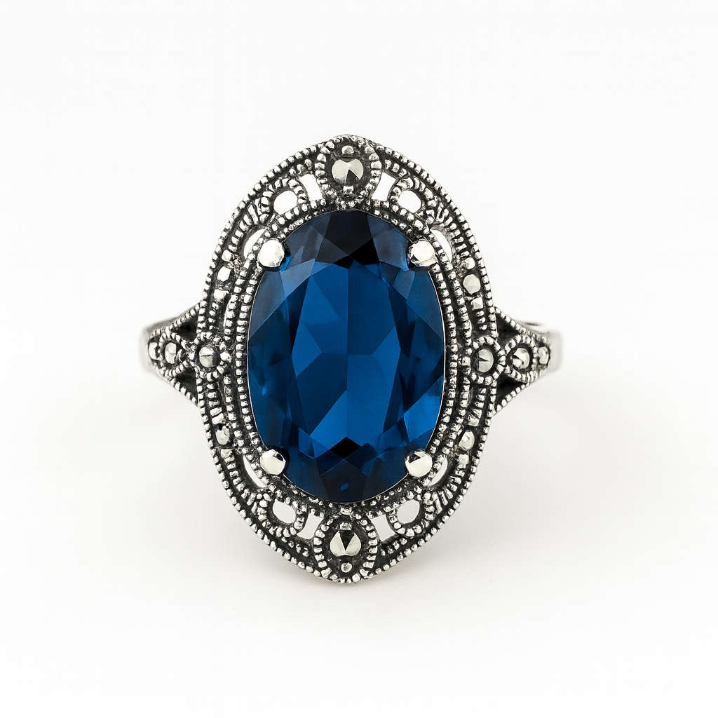 Inel Statement din Argint 925 cu Marcasite și Piatra Centrală Albastru Safir mărimea 22