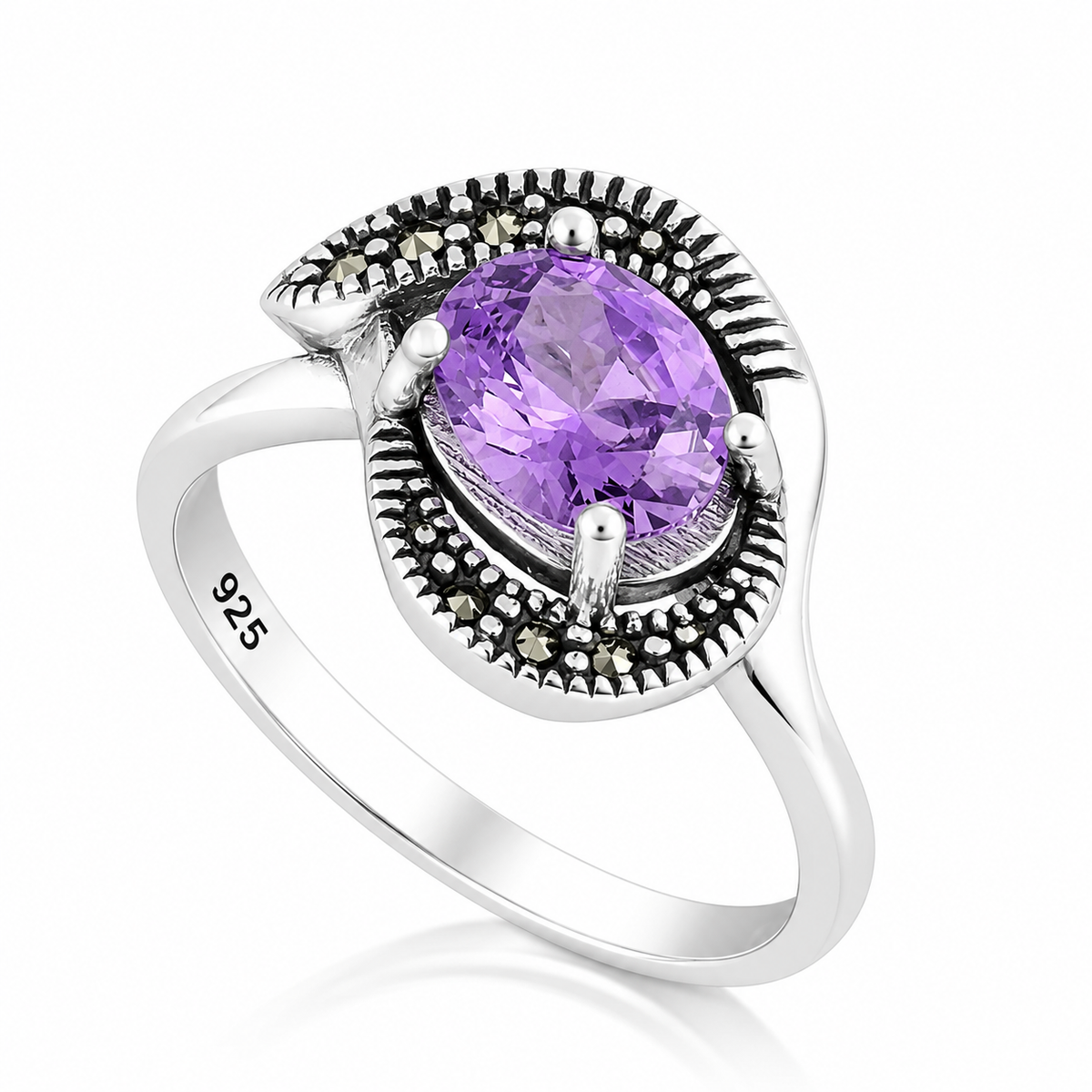 Inel din Argint 925 „Amethystia” cu Piatră Mov și Marcasite – Eleganță Vintage, 3,50 g ID582