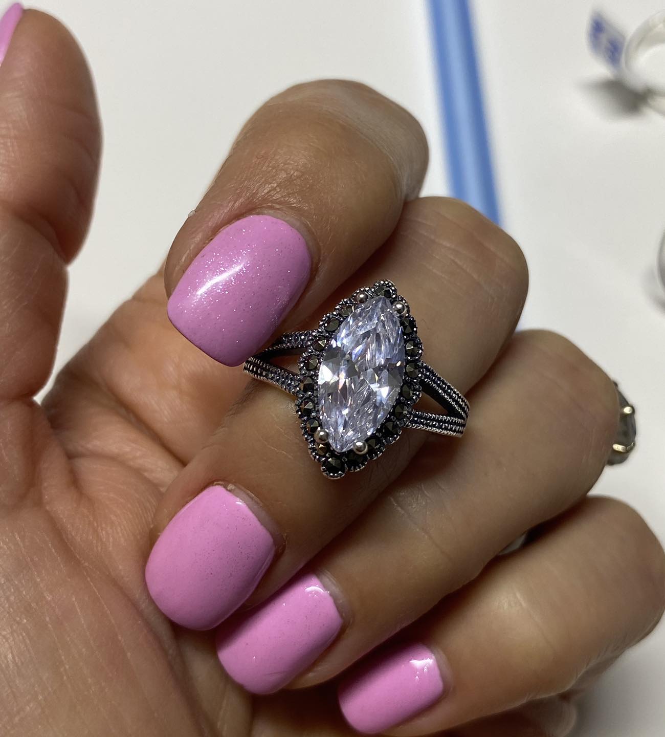 Inel din Argint 925 Green Marcasite Charm cu Piatra Verde Marquise marimea 22