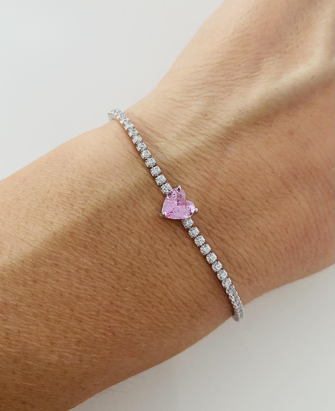 Brățară Tenis Pink Heart Sparkle din Argint 925 cu Safir Roz Inimă