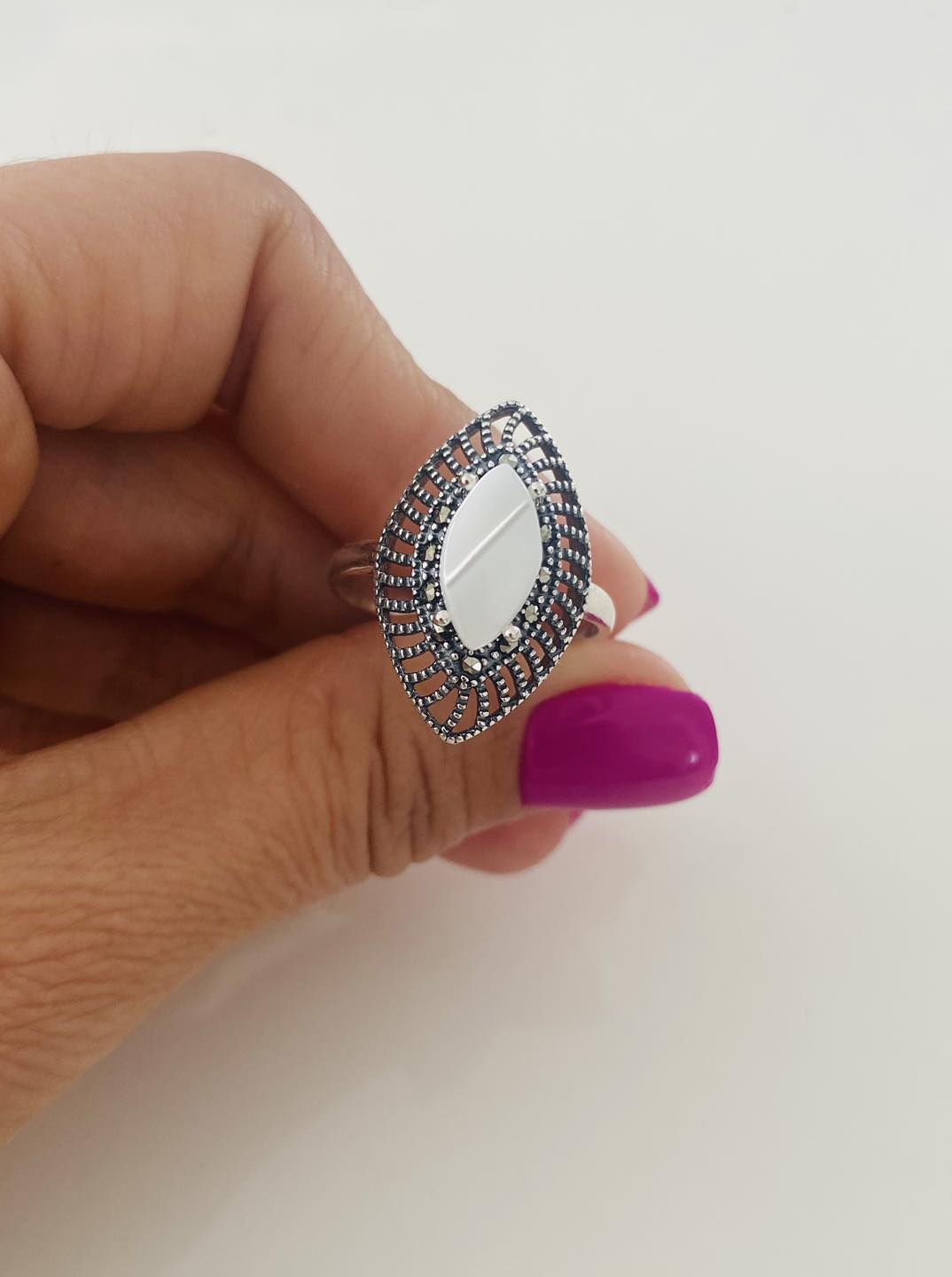 Inel „Eleganța Marquise” din Argint 925 cu Sidef și Marcasite mărimea 22