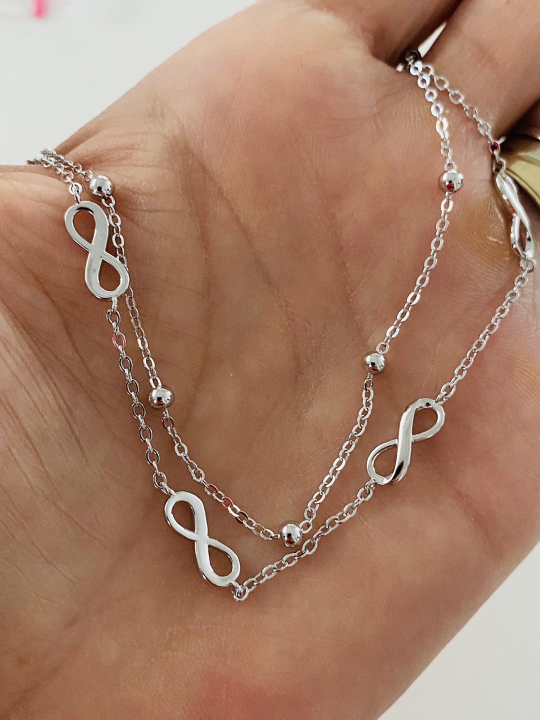 Brățară Infinity Dublu Lanț din Argint 925 Rodiat cu Aspect Aur Alb