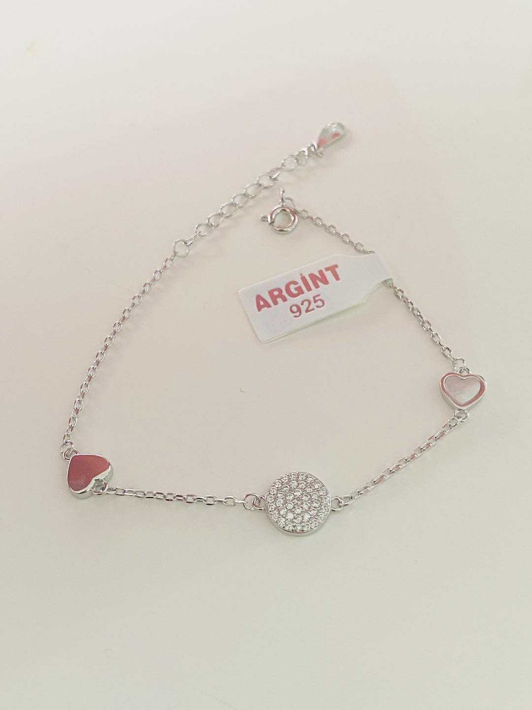 Brățară delicată cu inimioare sidef și medalion zirconii din Argint 925, ajustabilă, colecția Infinity Bijoux