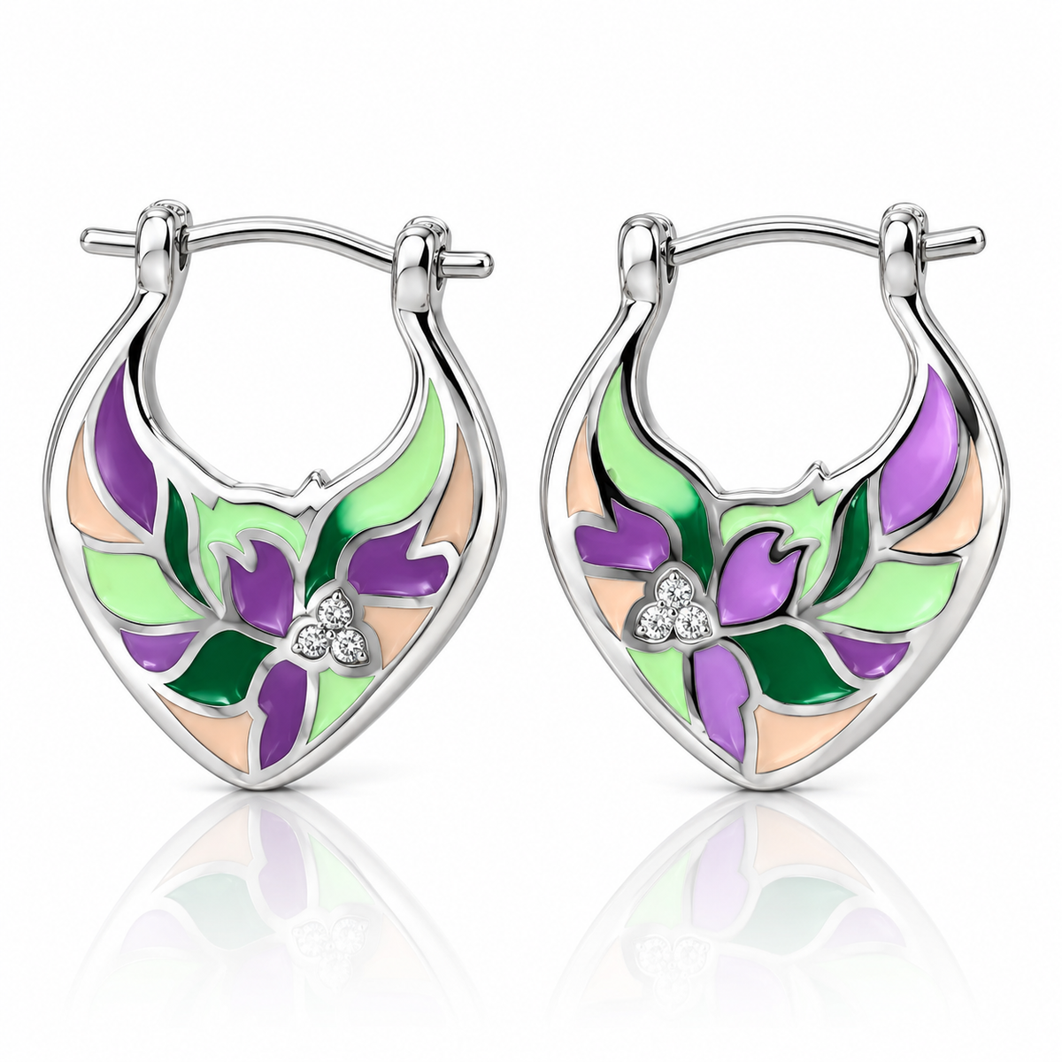 Cercei Damă din Argint 925 cu Email Floral Multicolor și Zirconii – Model Elegant Floare, Mov și Verde. CD475
