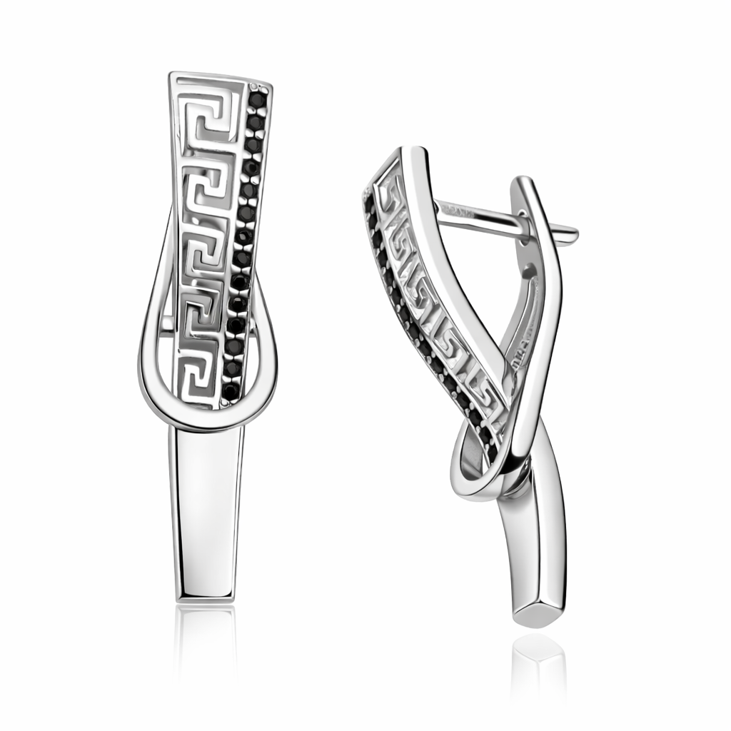 Cercei Argint 925 Rodiat „Helix Noir” – Design Grecesc cu Accente Negre, 3.3 cm. CD561