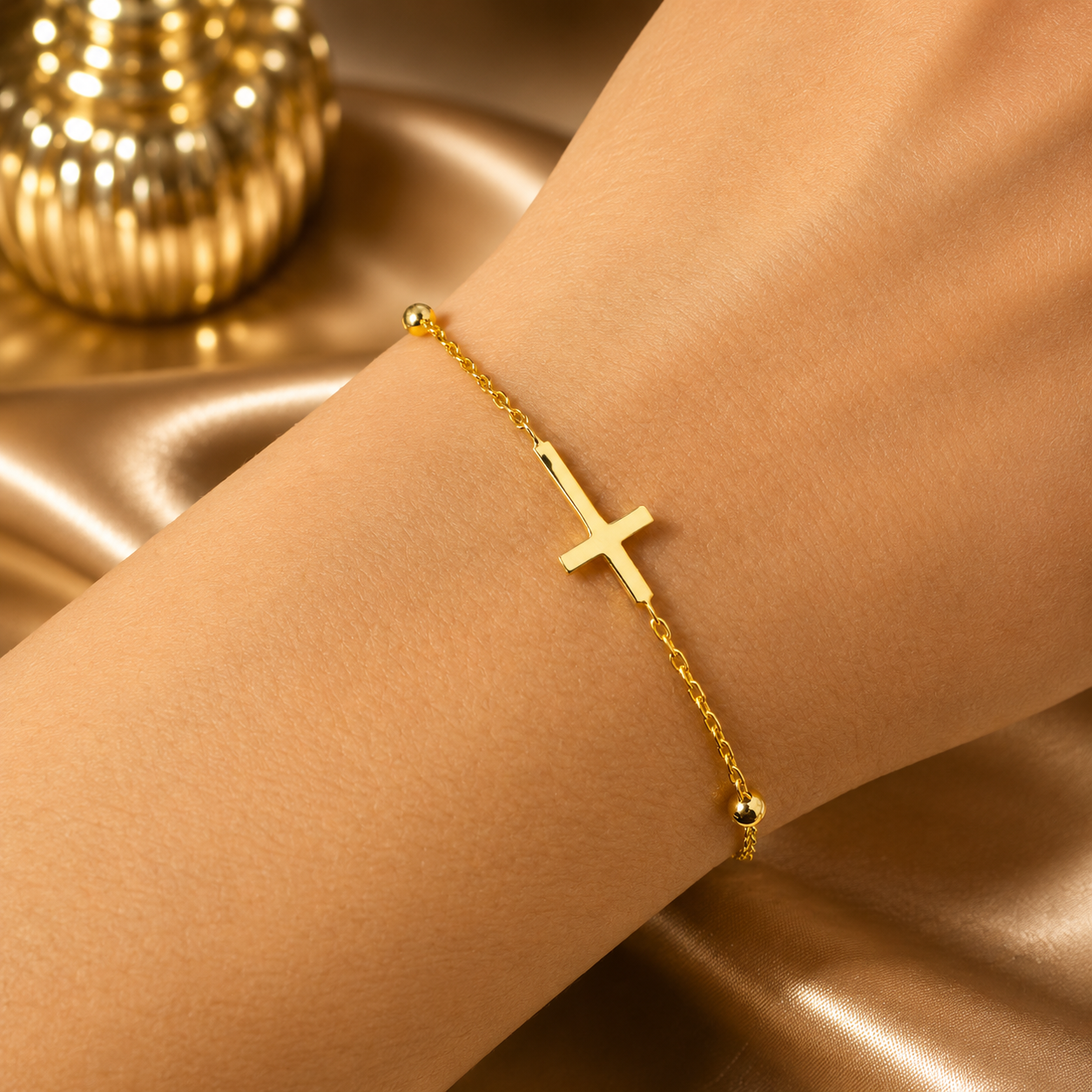 Brățară Cruce din Argint 925 Placat cu Aur 14K, Reglabilă 15+3 cm – Bijuterie Elegantă și Spirituală pentru Femei | Infinity Bijoux România. BD440
