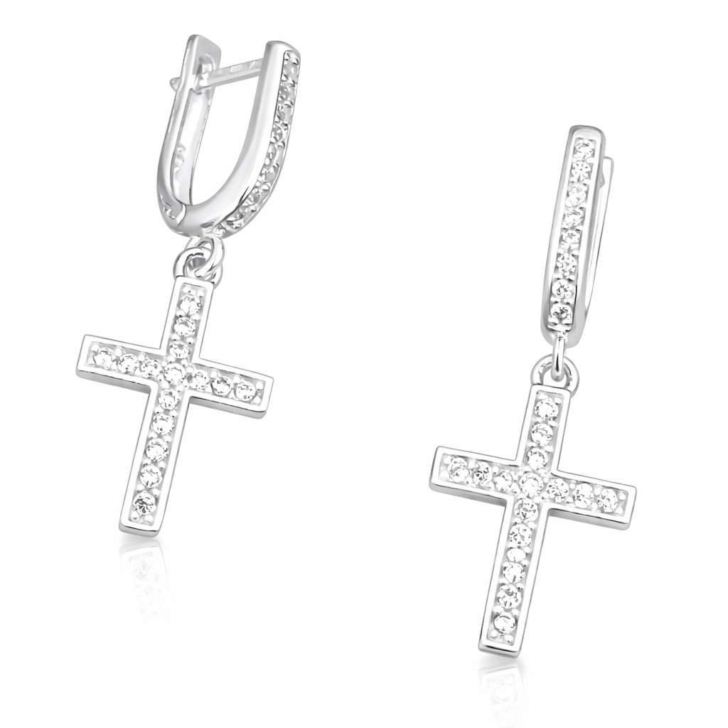 Cercei din Argint 925 cu Cruce și Zirconii Strălucitoare – Cercei Damă Eleganți cu Tortiță, 2.8 cm. CD528