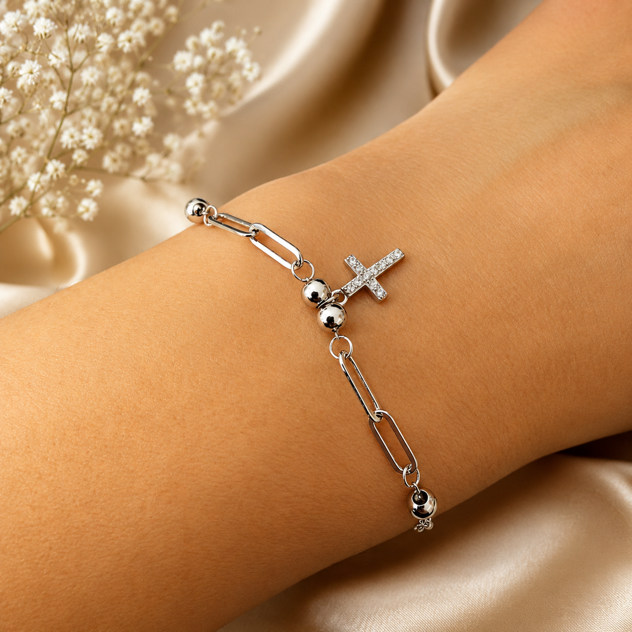 Brățară din Argint 925 Rodiat cu Cruce și Zirconii – Elegantă, Reglabilă 16+3 cm – Infinity Bijoux. BD438