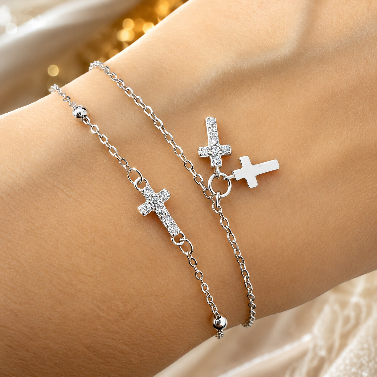 Brățară Dublă din Argint 925 cu Cruciuțe și Zirconii – Brățară Elegantă Reglabilă pentru Femei, 17+3 cm. BD431