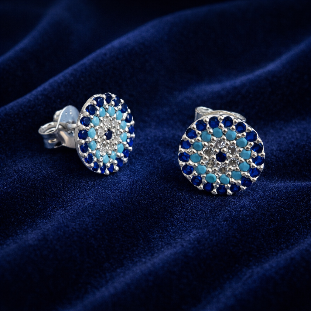 Cercei Argint 925 „Ochi Protector” cu Zirconii Albastre – 10 mm, Design Elegant, Prindere Șurub. CD213