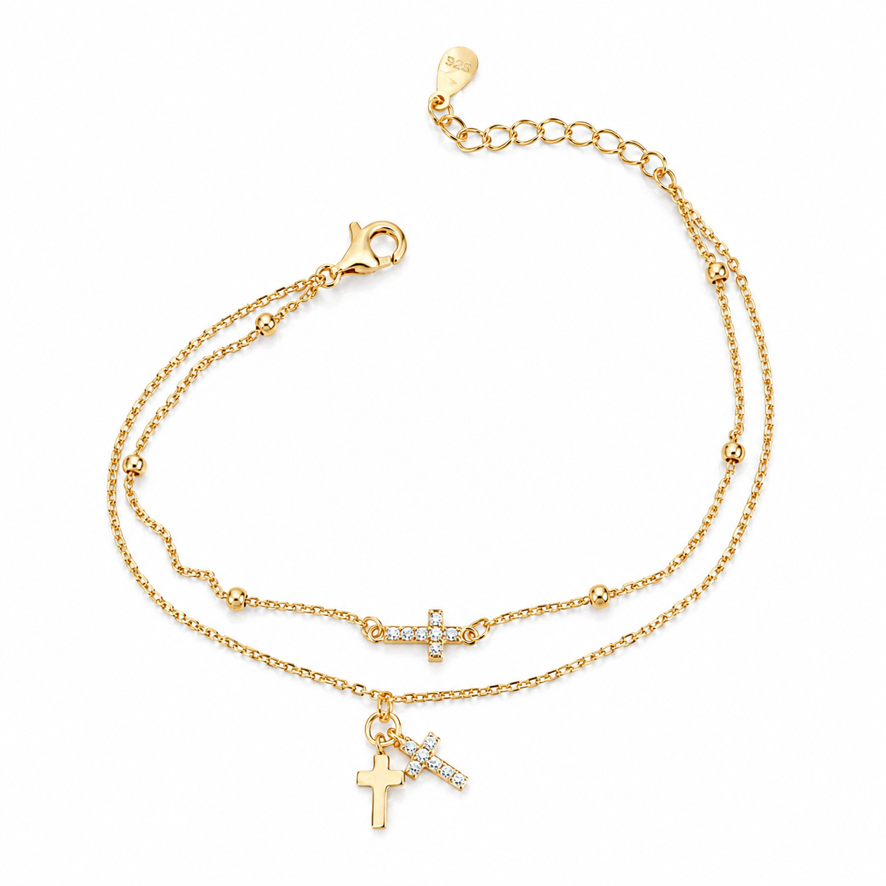Brățară din Argint 925 Placată cu Aur 14K cu Dublu Lanț și Cruci – Elegantă, Reglabilă 17+3 cm, Zirconii Strălucitoare. BD432