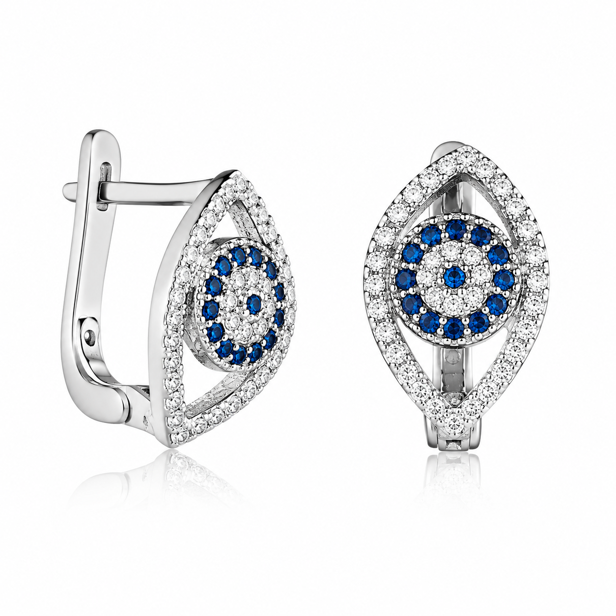 Cercei din Argint 925 Rodiat „Ochiul Regal” – Zirconii Albe și Albastre, Protecție și Eleganță. CD590