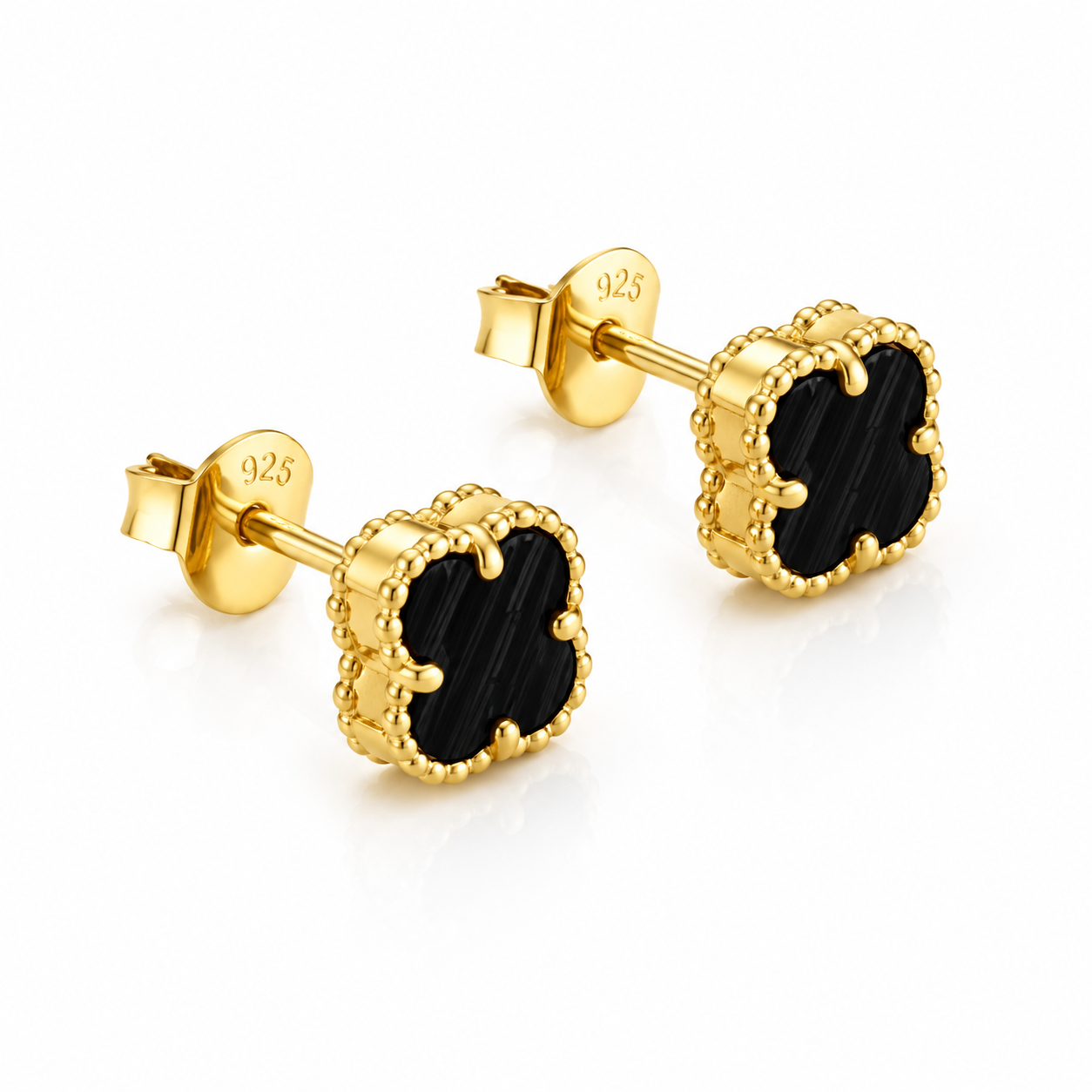 Cercei din Argint 925 Placați cu Aur 14K, Tip Van Cleef, Trifoi Negru – Eleganță Clasică și Noroc în Fiecare Detaliu. CD286