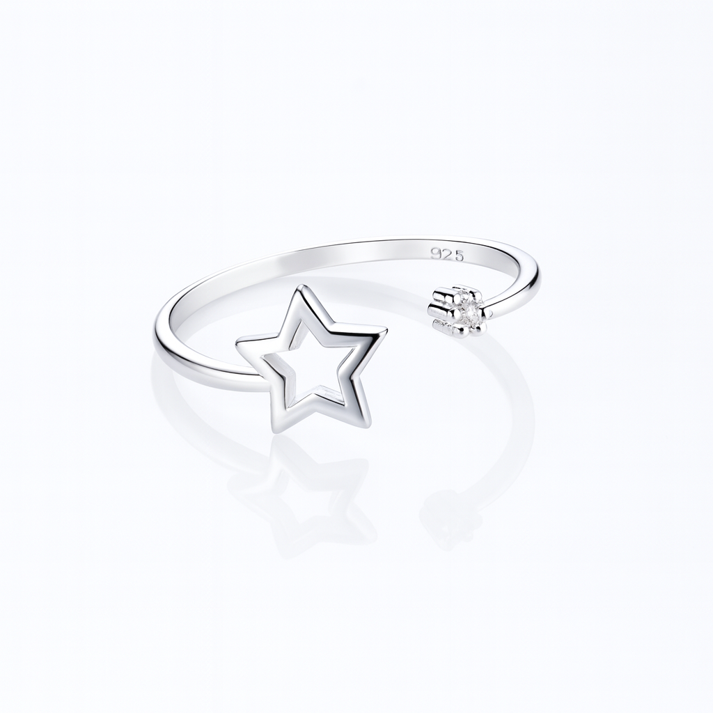 inel reglabil din argint 925 cu stea decupată și zirconiu strălucitor