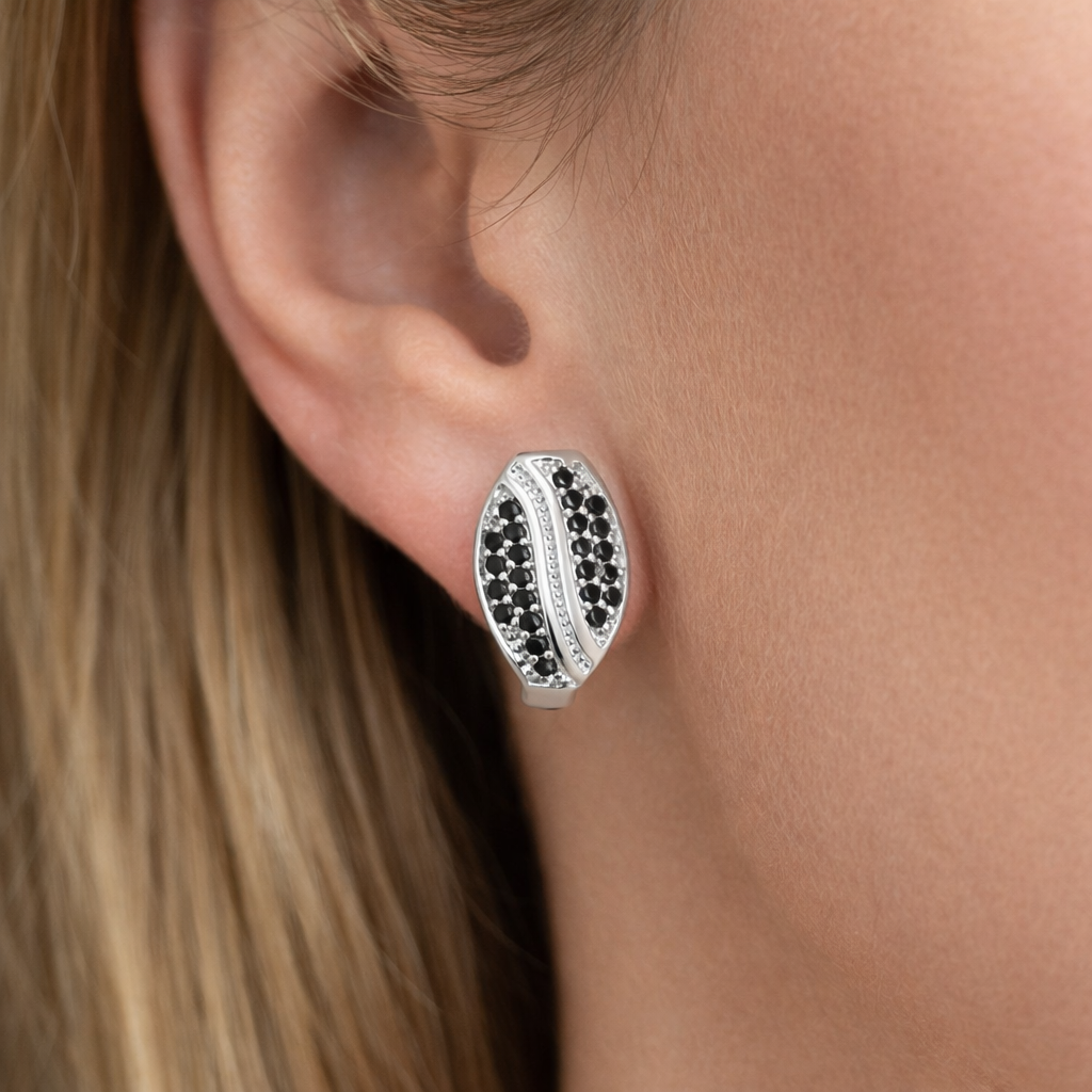 Cercei din Argint 925 cu Zirconii Negre – Model Elegant Tip Frunză 14x8 mm | Cercei Argint Dama Moderni, Cadou Premium. CD534