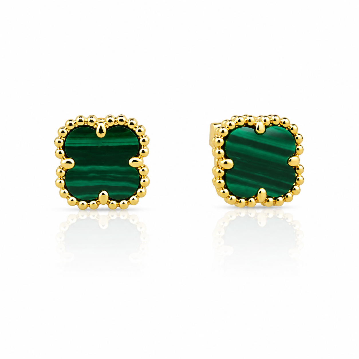 Cercei Delicate Clover din Argint 925 Placat cu Aur 14K și Malachit Verde Natural, Model Tip Van Cleef, 6 mm. C425