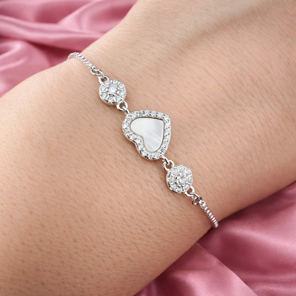Brățară Argint 925 Rodiat „Inima Lunii” cu Sidef Natural și Zirconii Strălucitoare. BD422