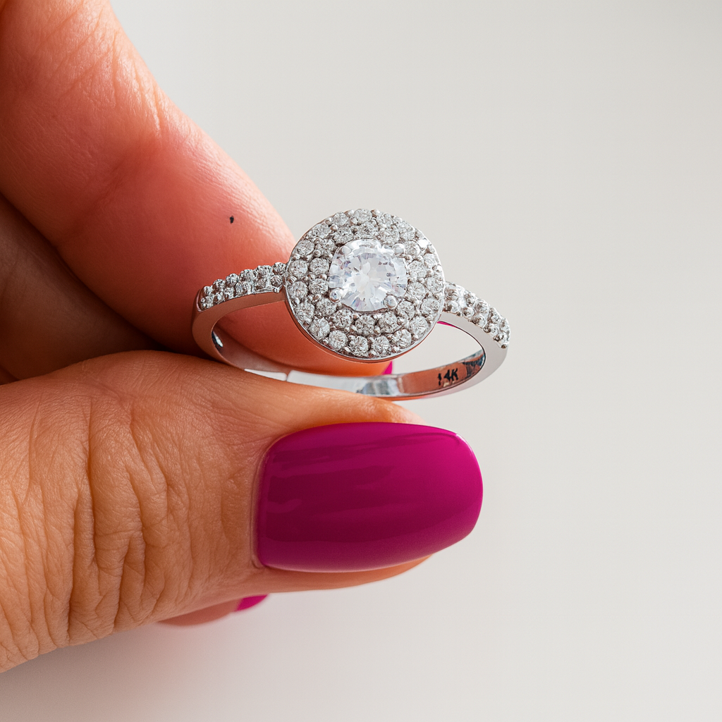 Inel din argint 925 cu zirconii strălucitoare „Eternal Spark”, verificat și marcat ANPC, aproximativ 2.15 grame, prezentat pe fundal alb lucios, stil e-commerce, livrat cu cutie de bijuterii cadou, factură și certificat de conformitate – simbol al iubirii eterne și al eleganței feminine, in mana
