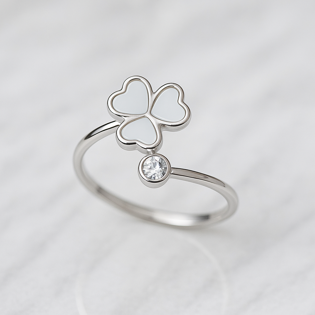 Inel Reglabil Trifoi cu Email Alb din Argint 925 Rodiat, Design Elegant