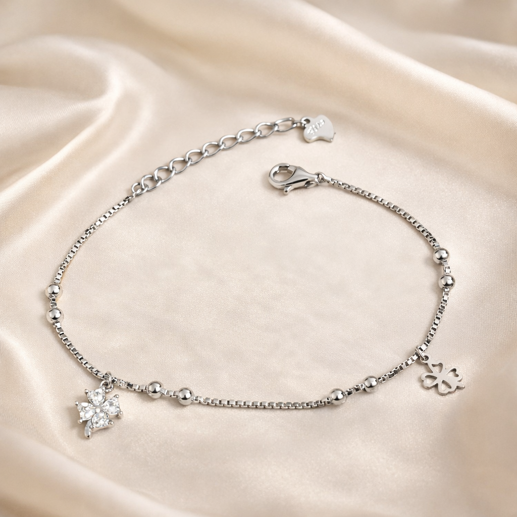 Brățară Argint 925 Rodiat „Lucky Blossom” – Trifoi & Floare cu Zirconii, Ajustabilă 17+3 cm. BD390