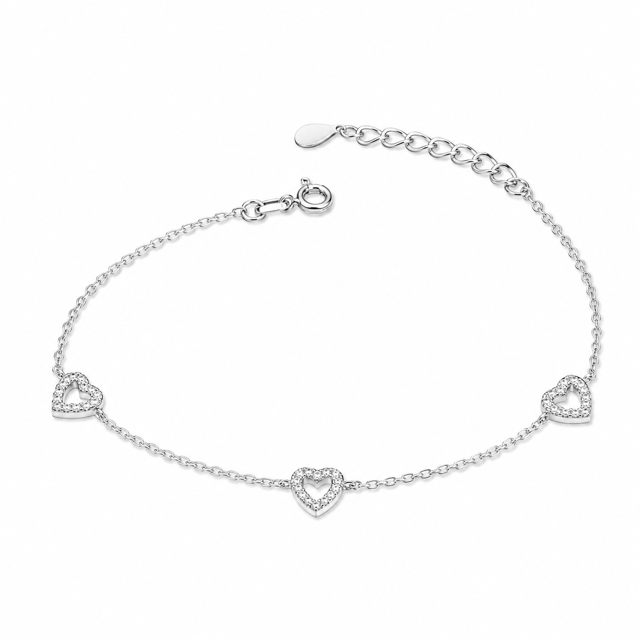 Brățară Argint 925 cu Inimi și Zirconii – Elegantă, Reglabilă 17+4 cm, Cadou Romantic pentru Femei.. BD439