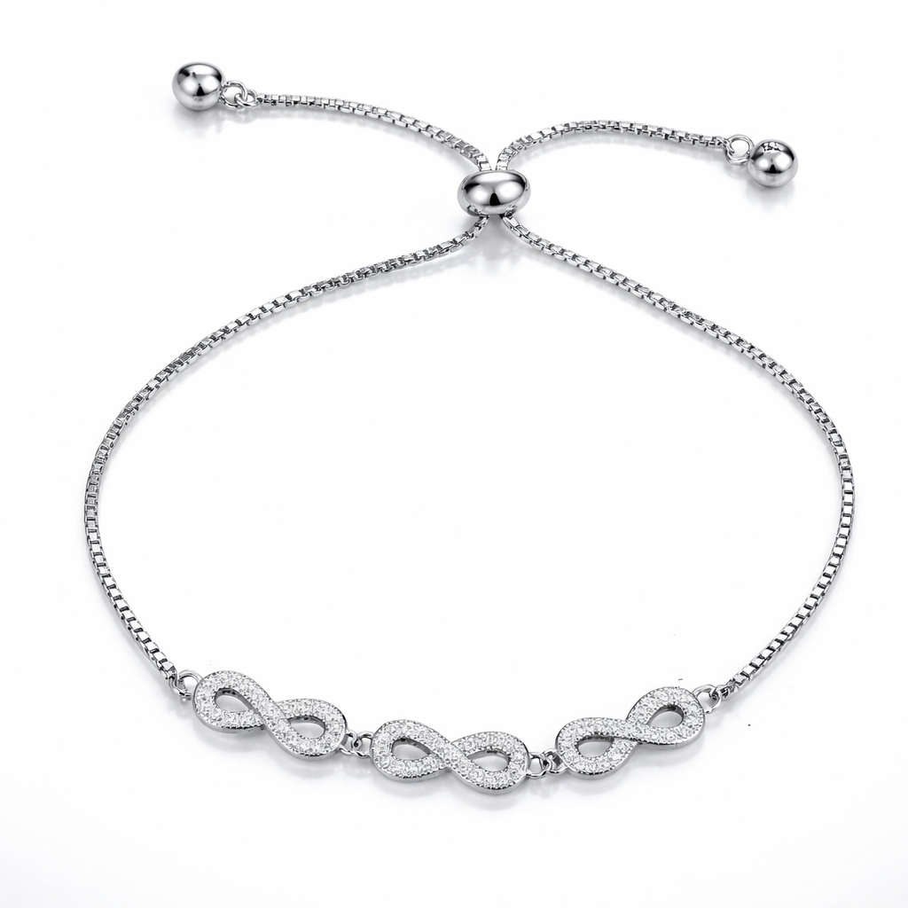 Brățară Argint 925 Rodiat cu Simboluri Infinit și Cristale – Reglabilă, Elegantă. BD389