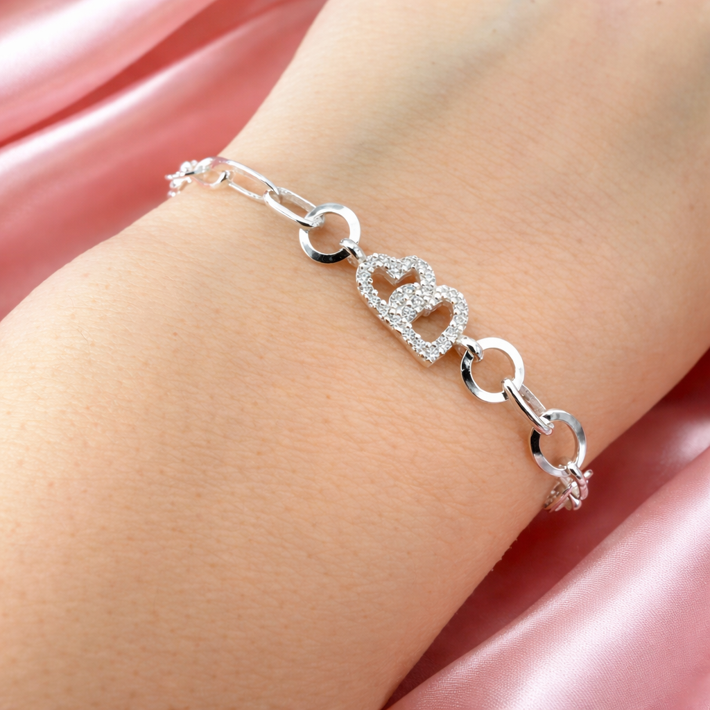 Brățară din Argint 925 „Inimi Unite” – Design Modern cu Inimi Duble, 18,5 cm. BD385