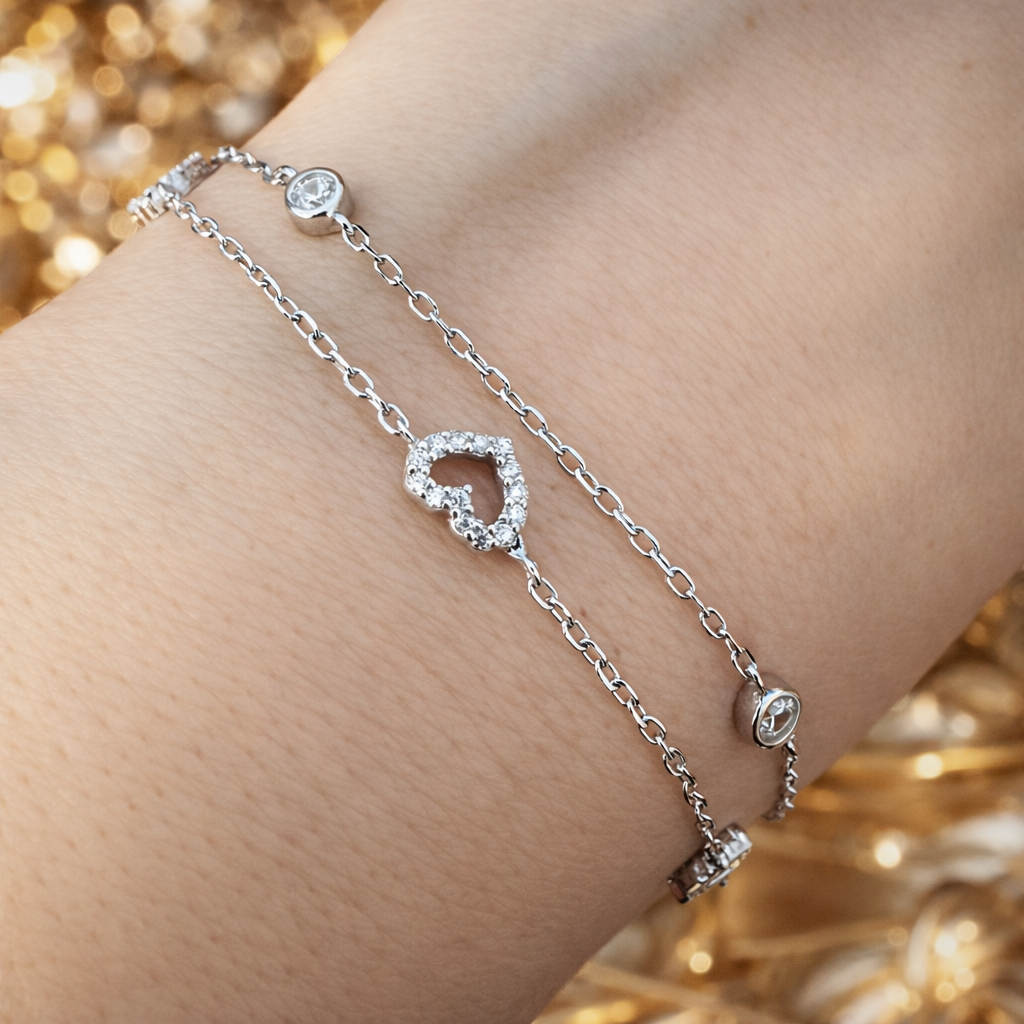 Brățară Argint 925 Rodiat cu Inimioare și Cristale Zirconia, Fir Dublu Elegant, Lungime Reglabilă 17+3 cm. BD397
