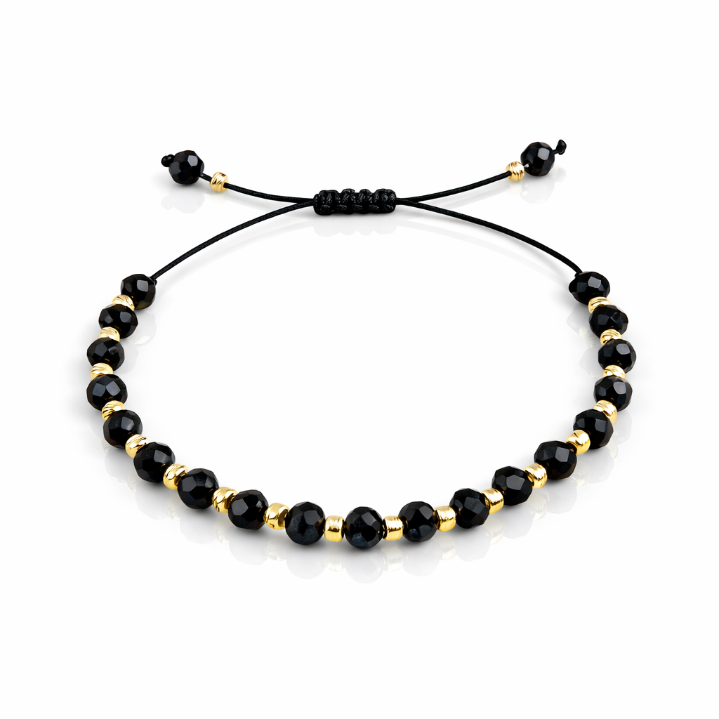 Brățară Unisex Handmade din Argint 925 Placat cu Aur, Biluțe Negre Fațetate, Lungime Ajustabilă. BS1