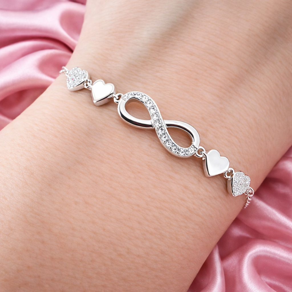 Brățară din Argint 925 Rodiat cu Simbol Infinit și Inimi Pavé, Lungime Ajustabilă 16+3 cm. BD401