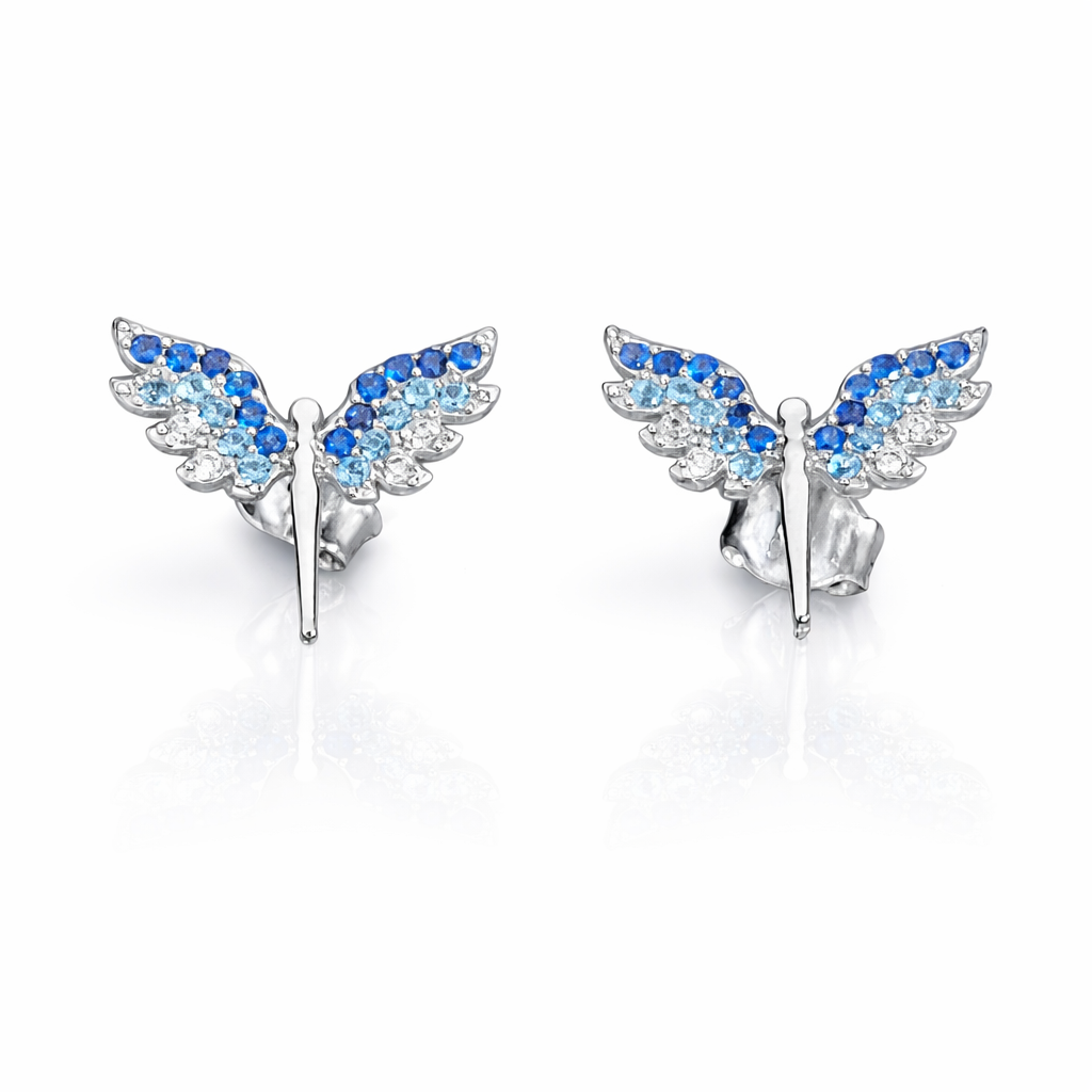 Cercei Aripi de Înger din Argint 925 Rodiat cu Cristale Albastre – Eleganță Delicată și Protecție Divină. CD536