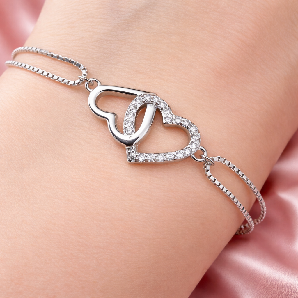 Brățară din Argint 925 Rodiat cu Inimioare Împletite, Lanț Dublu, Lungime Ajustabilă 17+3 cm. BD392