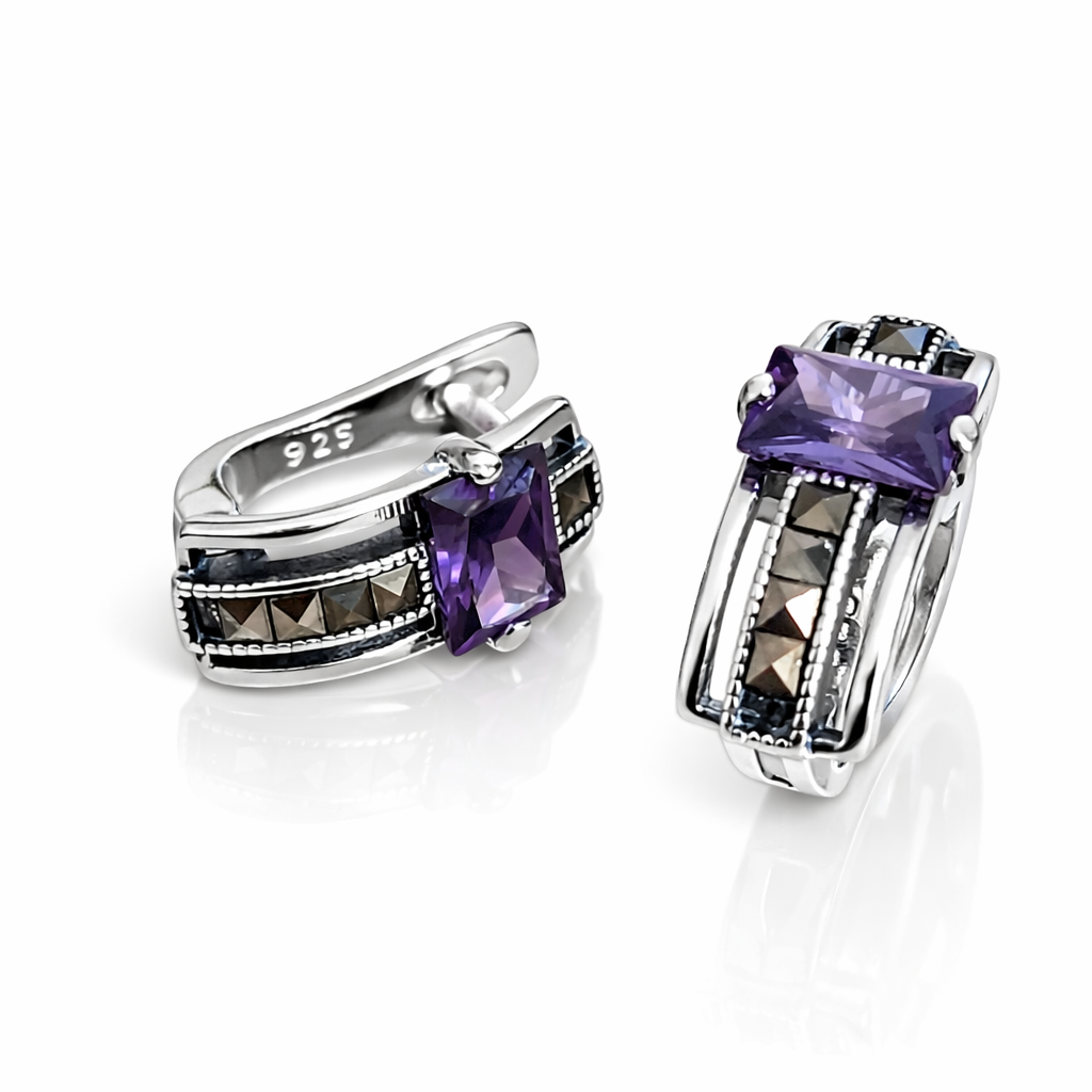 Cercei din Argint 925 cu Piatră Mov și Marcasite Naturale – Eleganță Vintage, 17 mm, 4.9 g. CD567